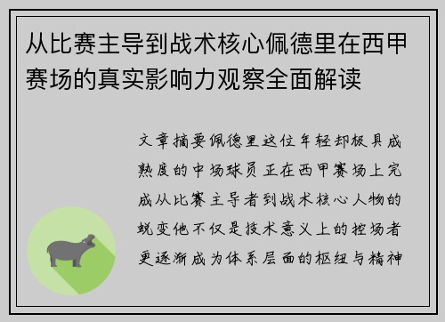 从比赛主导到战术核心佩德里在西甲赛场的真实影响力观察全面解读