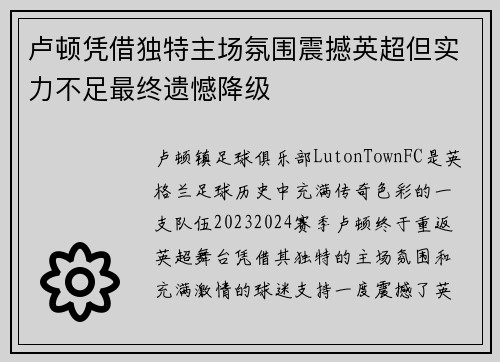 卢顿凭借独特主场氛围震撼英超但实力不足最终遗憾降级 卢顿凭借独特主场氛围震撼英超但实力不足最终遗憾降级