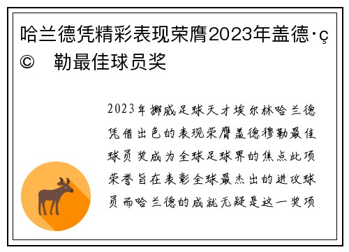 哈兰德凭精彩表现荣膺2023年盖德·穆勒最佳球员奖 哈兰德凭精彩表现荣膺2023年盖德·穆勒最佳球员奖